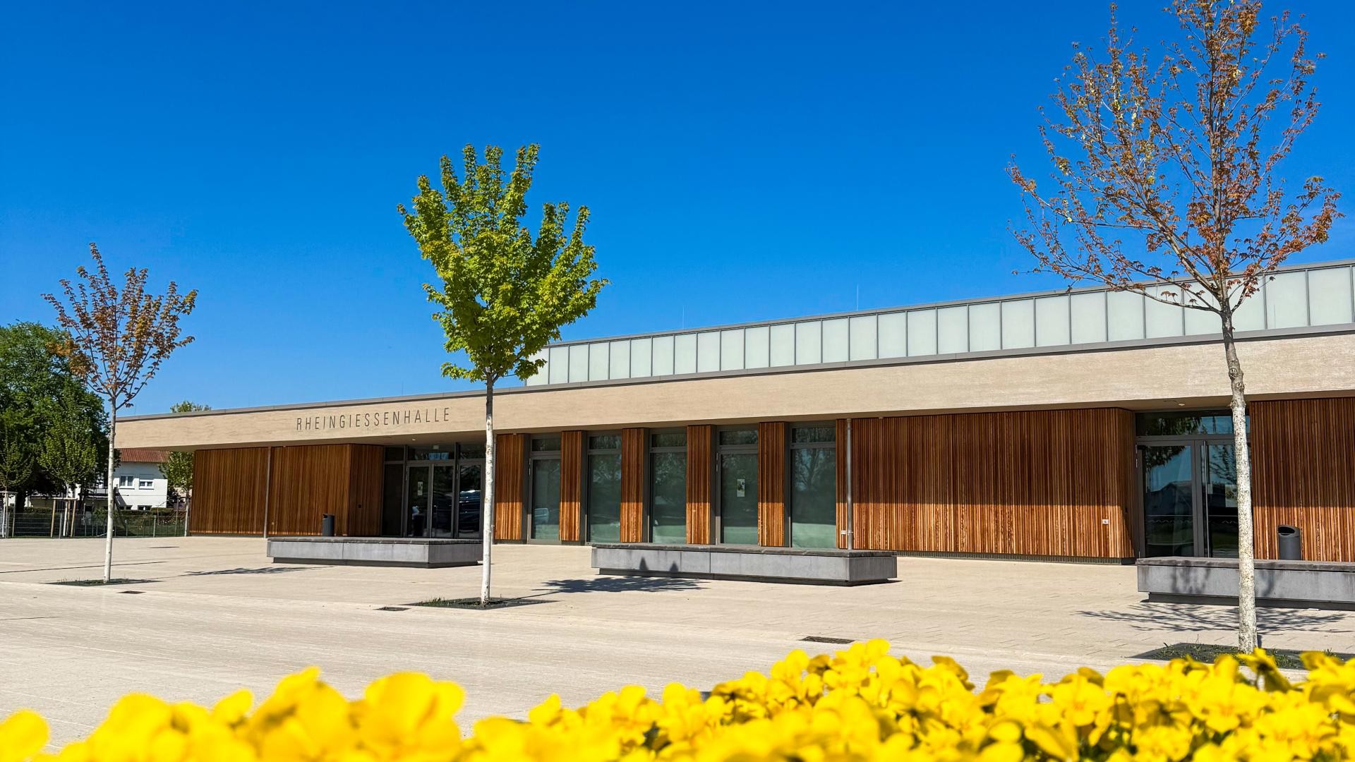 Rheingießenhalle Rheingießenhalle vor blauem Himmel, im Vordergrund ein Blumenbeet mit leuchtend gelben Blüten