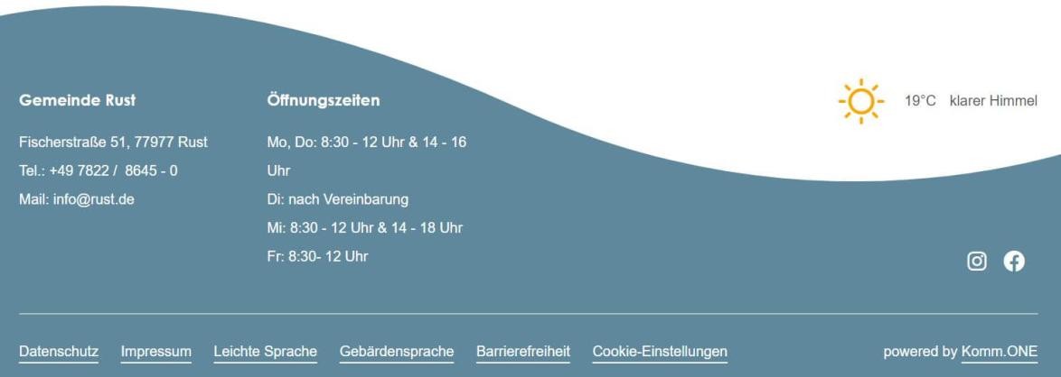 Kontaktdaten, Öffnungszeiten, Wetteranzeige und wichtige Links