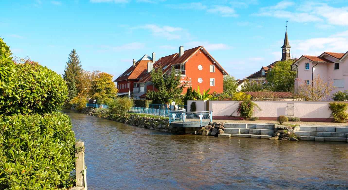 Elz von der Brücke aus gesehen, im Hintergrund verschiedene Gebäude am Ufer angrenzend und das Alte Rathaus