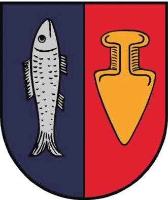 Das Ruster Wappen zeigt einen Fisch auf blauem und einen goldenen Pfllugschar auf rotem Hintergrund