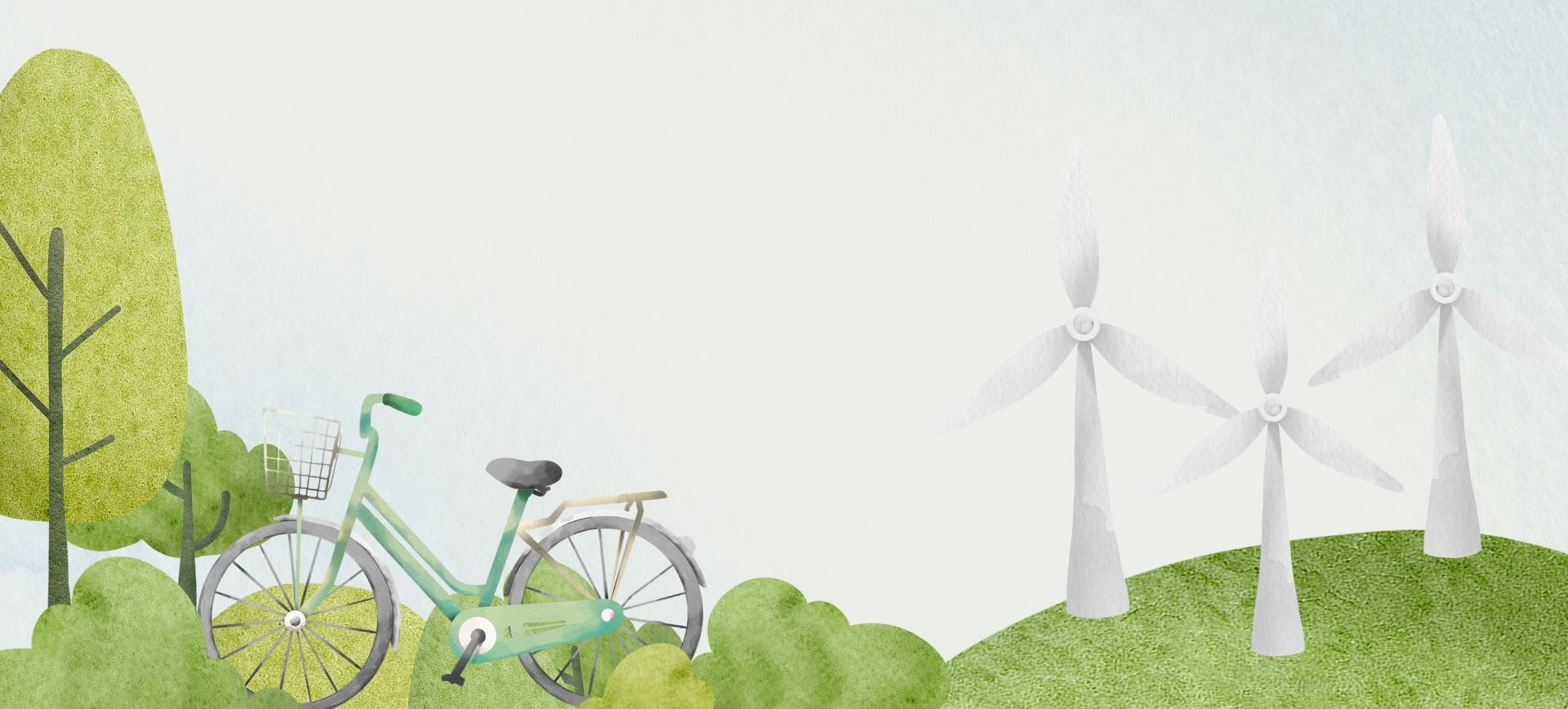 Klimaschutz Zeichnung eines Fahrrads, links mehrere Bäume, rechts auf einem Hügel drei Windräder