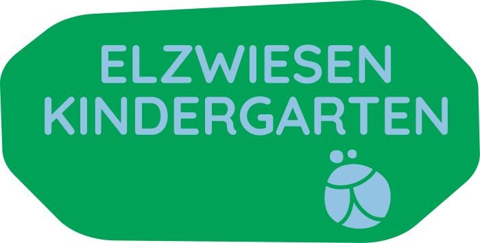 Logo des Elzwiesenkindergarten - türkiser Schriftzug in Druckbuchstaben auf grünem Untergrund, rechts unten ein stilisierter Junikäfer