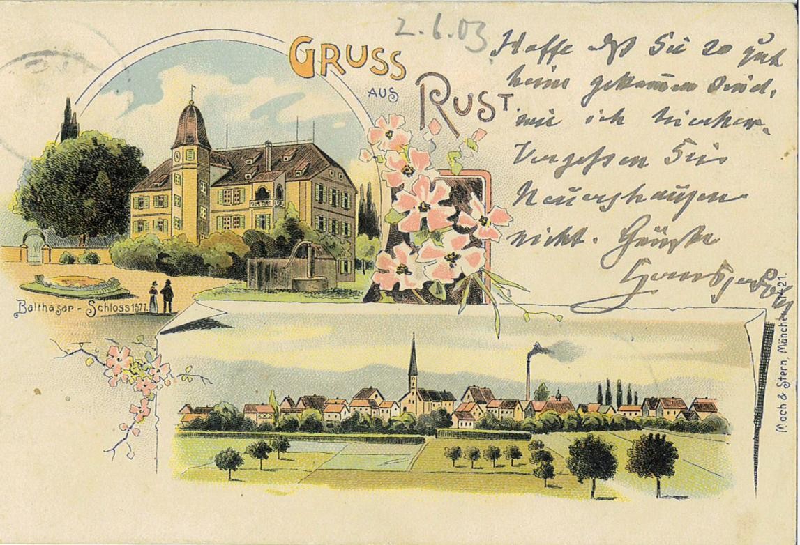 Historische Postkarte mit Abbildung des Balzarenschlösschens vom heutigen Europa-Park aus gesehen und eine Ortsansiicht von Westen aus gesehen, hier noch ein rauchender Schornstein einer Tabakfabrikcht 