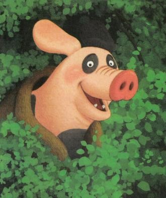 Anatol Anatol, das kleine Waldschwein schaut lachend aus einem Dickicht hervor