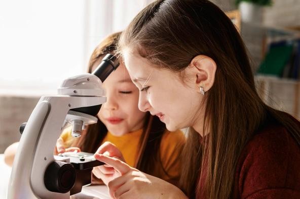 Unter Beobachtung Zwei Mädchen schauen ein Objekt unter dem Mikroskop an