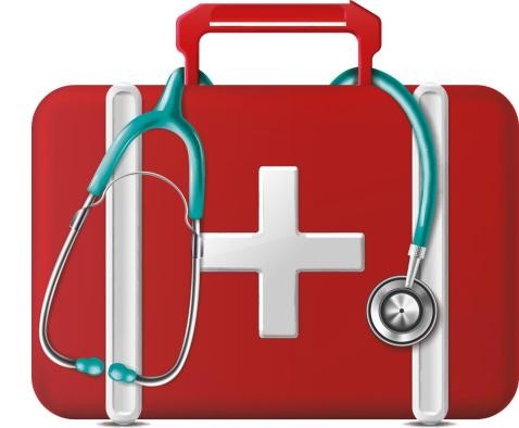 Outdoor-Erste Hilfe Kurs Gezeichneter Erste-Hilfe-Koffer, um den Griff ist ein Stethoskop geschlungen