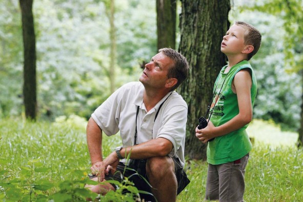 Vater-Kind-Wildnis-Vormittag Vater und Kind schauen nach oben