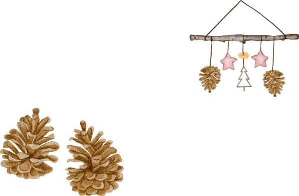 Weihnachtsdeko Zwei Tannenzapfen links, rechts ein Weihnachtsmobile aus einem Ast, an einer Schnur hängend, an dem Tannenzapfen, Sterne und Tannenbäume hängen