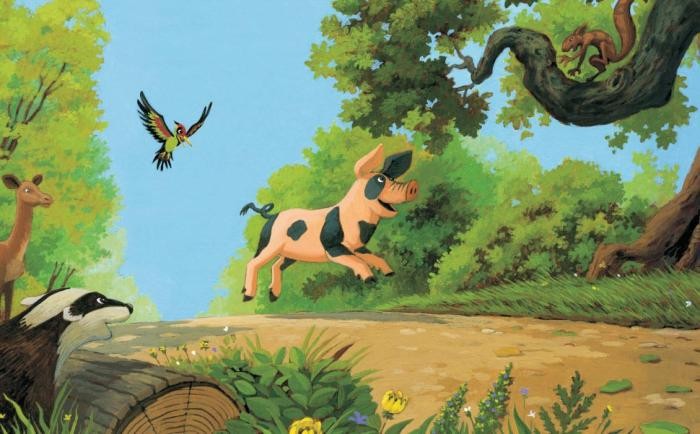 Anatol - Lesereise Anatol, das Waldschwein, hüpft, fröhlich lachend, einen Waldweg entlang, begleitet von Tieren des Waldes