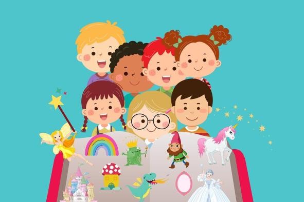 Zeichnung von Kindern, denen sich aus einem Buch eine Fantasiewelt erschließt Zeichnung von Kindern, denen sich aus einem Buch eine Fantasiewelt erschließt