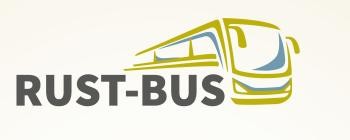 Fahrplan des Rust-Busses, mit dem Schriftzug "Rust-Bus", der in einen gezeichneten Bus mündet