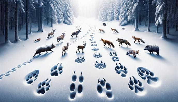 Tiere gehen einen verschneiten Waldweg entlang in Richtung Licht, hinter ihnen sieht man riesige Pfotenabdrücke von ihnen Tiere gehen einen verschneiten Waldweg entlang in Richtung Licht, hinter ihnen sieht man riesige Pfotenabdrücke von ihnen