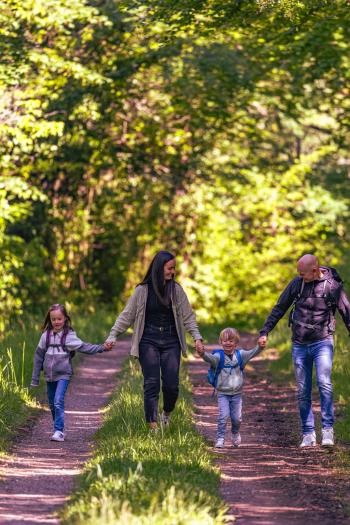 Familienwanderung Familie, die sich an den Händen hält, läuft in Richtung Kamera auf einem Waldweg