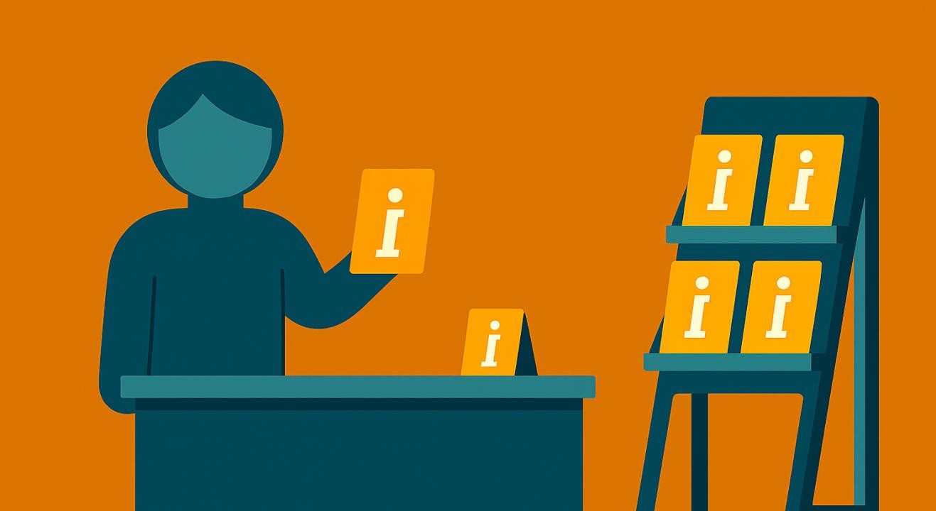 Illustration einer Person hinter einer Servicetheke, links daneben eine Stele mit Infomaterial