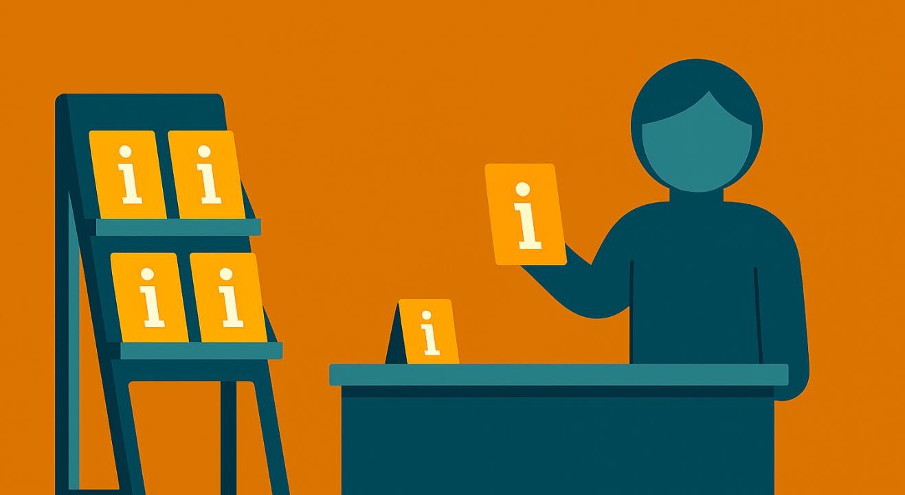 Illustration einer Person hinter einer Servicetheke, links daneben eine Stele mit Infomaterial