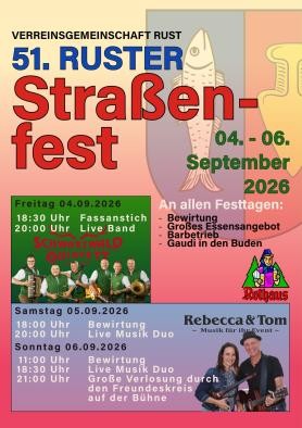 Werbeplakat des Ruster Straßenfestes mit zwei Bilder der jeweiligen Musikbands, dem  Logo der Gemeinde Rust und der Brauerei Rothaus