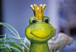 Der Oberkörper einer Froschfigur mit Krone, der bis über beide Ohren lacht